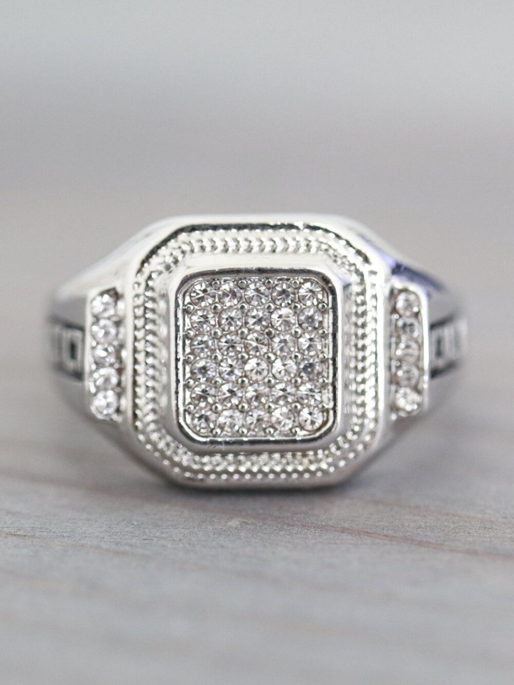 Mens Ring Domino Style with CZ Stones Elegant Fashion Ring Silver Plated